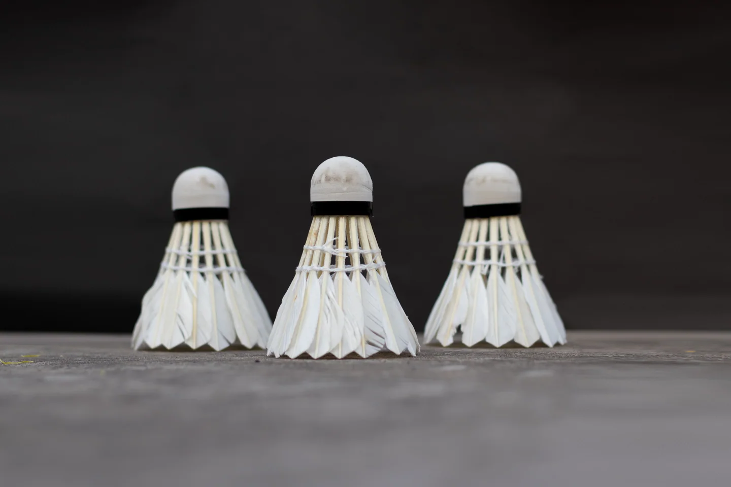 Three feather shuttlecocks standing on the ground