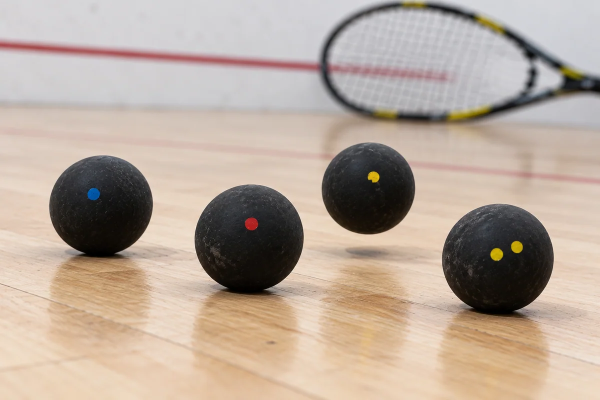 Four squash balls marked with blue, red, single yellow and double yellow dots on a wooden court